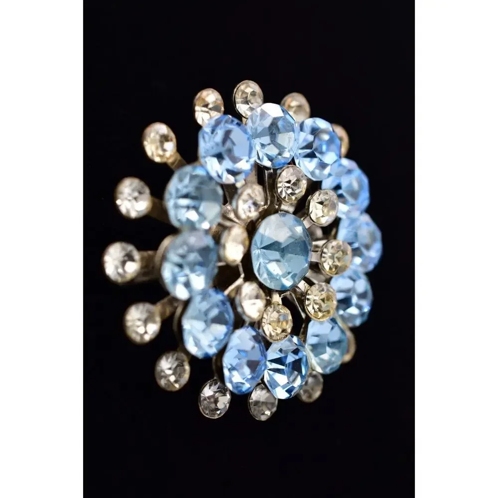 Vintage Sky Blue Rhinestone Starburst Brooch Crystal Silver Floral Pin 50s BinBI